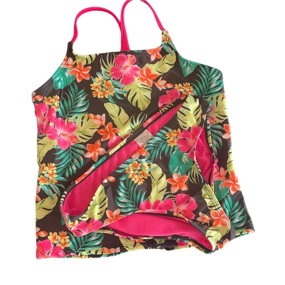 Wonder Nation Girls Tankini Two Piece Tropical‎ Swimsuit Size L 10/12